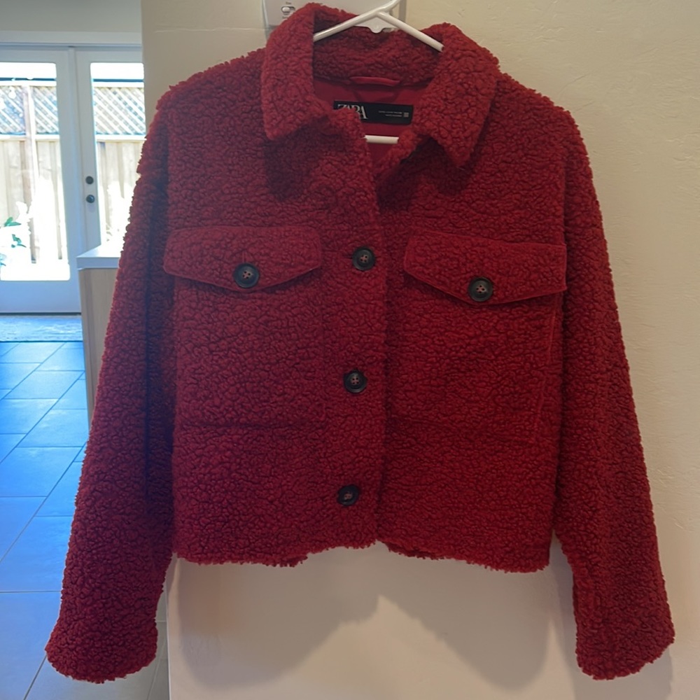 Zara women’s red Sherpa jacket, size small